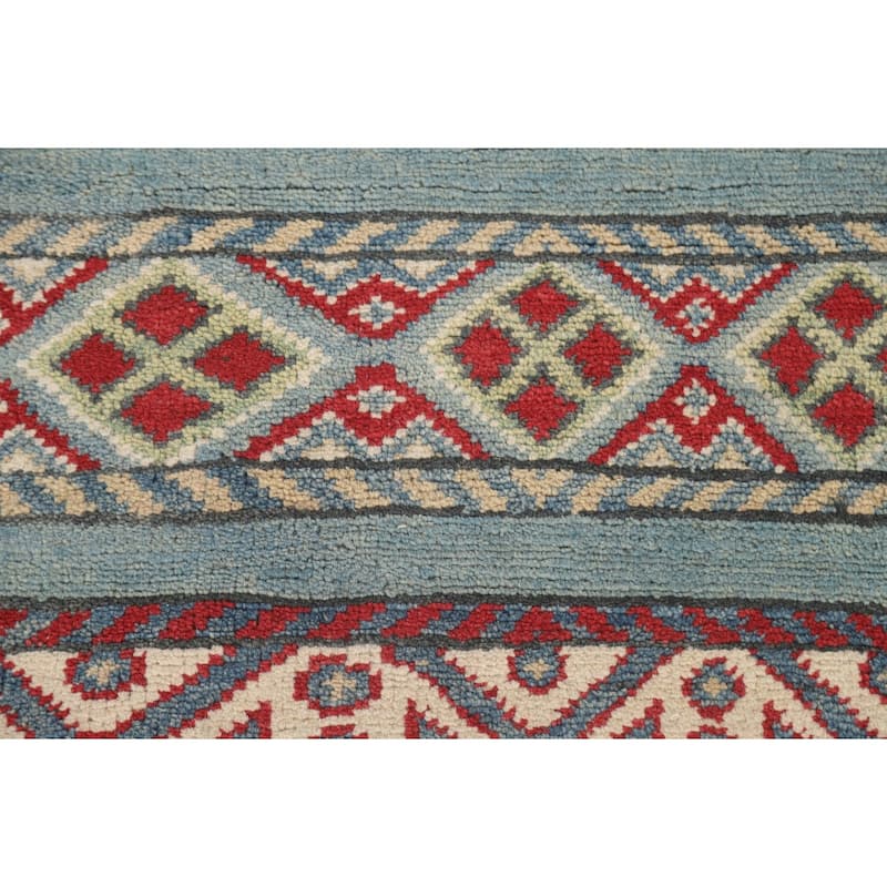 Blue Geometric Kazak Runner Rug Hand-Knotted Traditional Wool Carpet - 3'4" x 16'4"