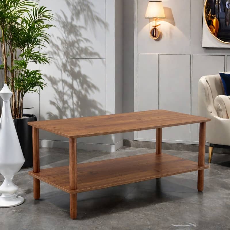 39.3" MDF Coffee Table - Two-Tier Storage with Rubberwood Legs For Living Room