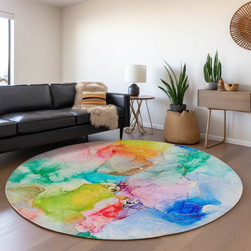 Premium Washable Super Soft Watercolor Abstract Mayfield Rug - Blue - 8' x 8' - Round