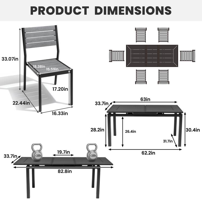7-Piece Set Outdoor Patio Extendable Dining Table Aluminum with Stackable Chairs