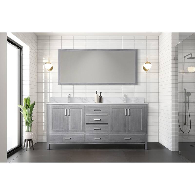 Jacques 72 in. W x 22 in. D Distressed Grey Double Bath Vanity, Carrara Marble Top, Faucet Set, and 70 in. Mirror