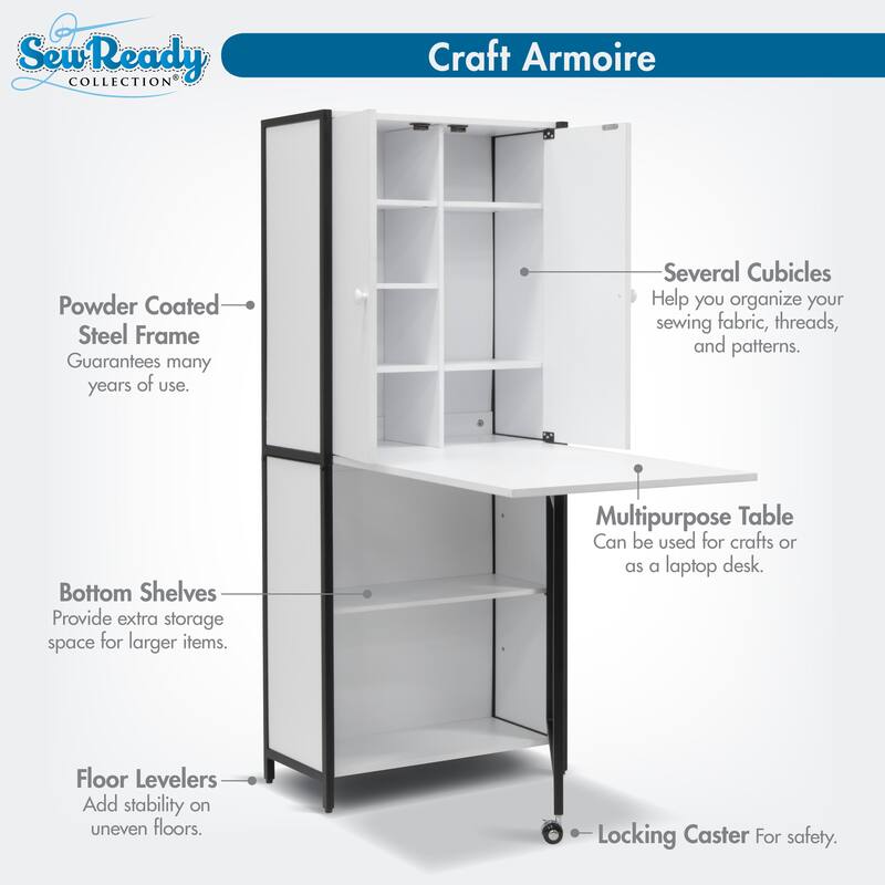 Multipurpose Armoire (58.75" Tall) with Folding Top for Craft, Sewing, Office or Home/ Black/White