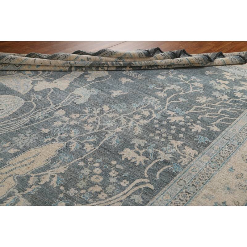 Hand Knotted Oriental 100% Wool Carpet Traditional Floral Greys & Charcoal Art Deco Area Rug - 14' 0'' X 9' 10''