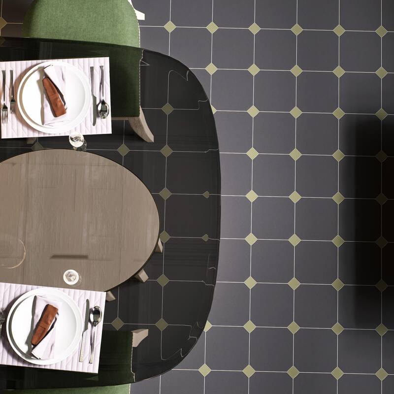 Merola Tile Vaudeville Octagon Antracita with Taco Oliva 7-7/8" x 7-7/8" Porcelain Floor and Wall Tile