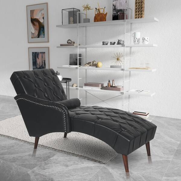 slide 2 of 29, Chaise Lounge Arm Chair with Pillow and Wood Legs,Accent Soft Chair with Tufted Back and Arm,Upholstered Chaise Couch Chair Black
