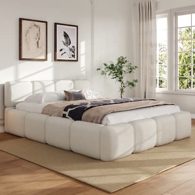White Block Upholstered Frame Grounded Bed with Boucle Thick Headboard Footboard Platform Bed, Lowprofile Wingback Bed Floor Bed