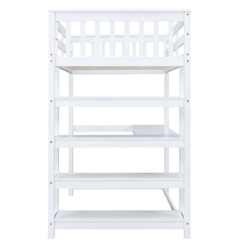Full Size Loft Bed with Built-in Desk and Storage Shelves, White