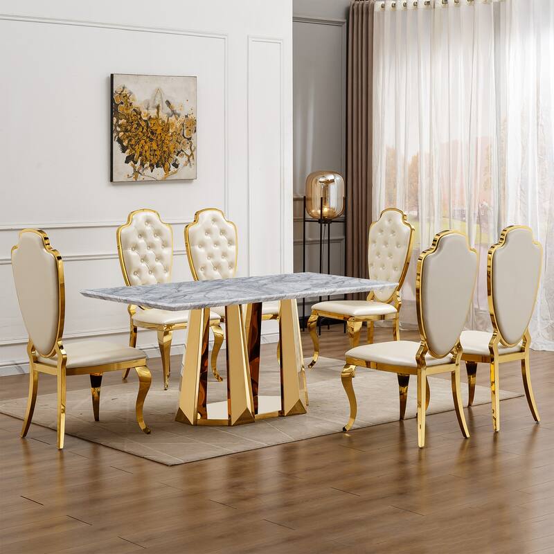GDFStudio - Rose Series 70'' Rectangle Faux Marble Dining Table 6 People with Modern Large Size