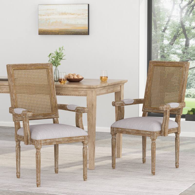 Set of 2, Dining Chairs with Cane Backrest and Padded Armrests Rubberwood Frame - LIGHT GREY
