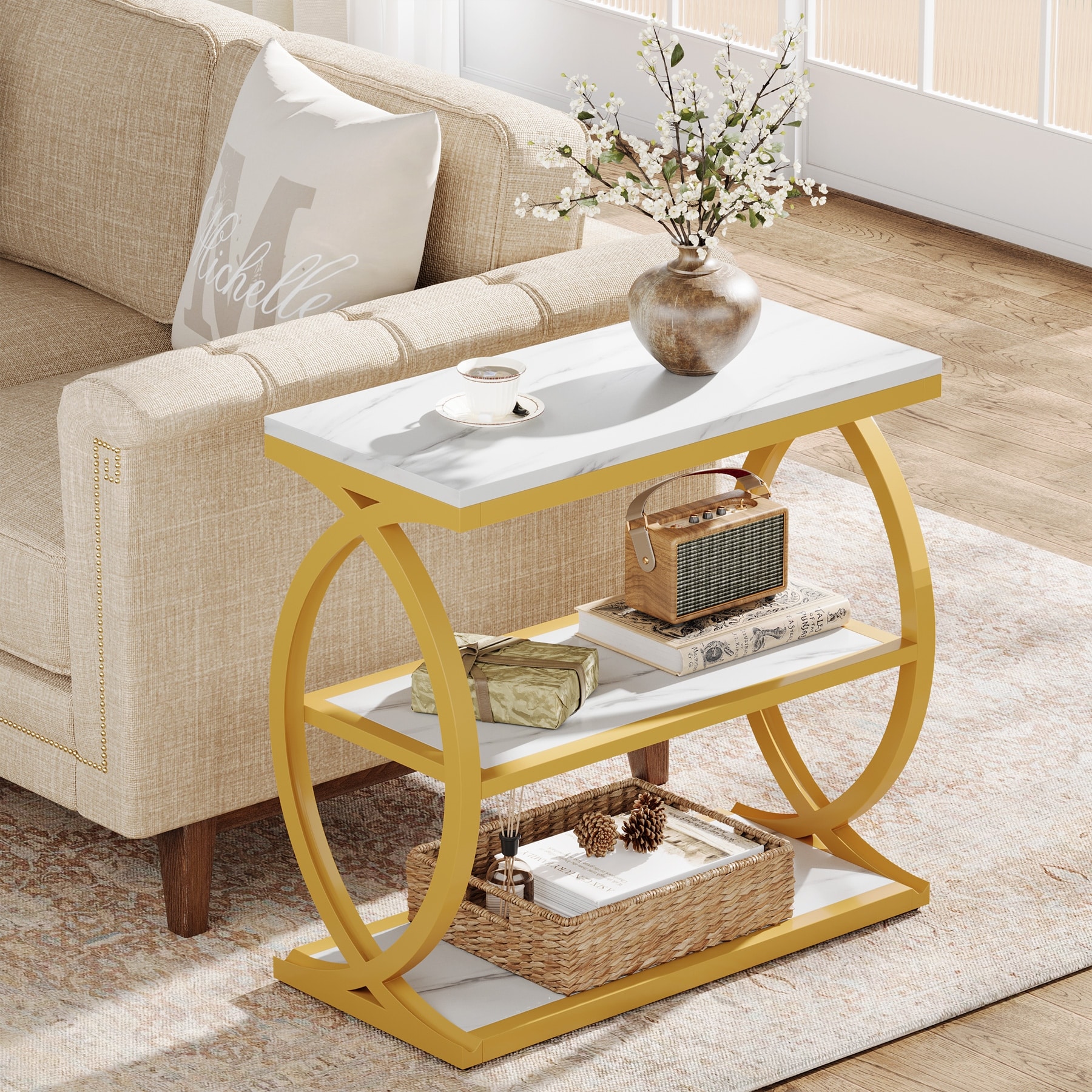 23.62" Narrow 3-Tier End Table with Metal Frame for Living Room