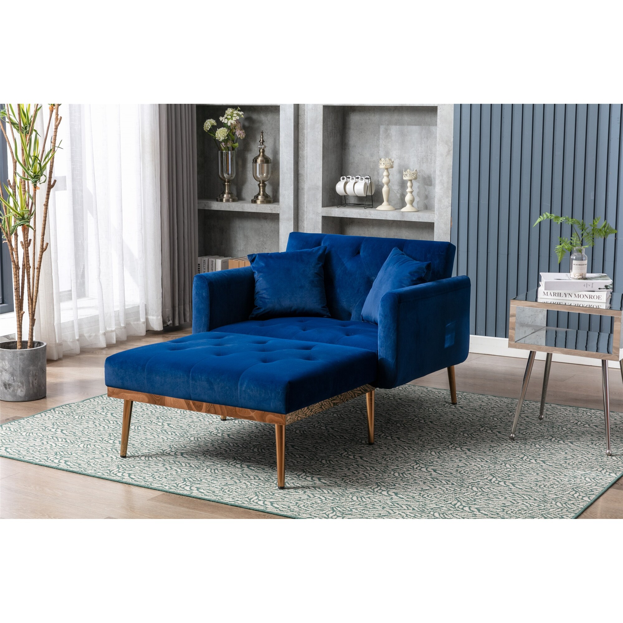 Elegant Tufted Chaise Lounge Chair Accent Chair with Plush Velvet Upholstery and Metal Legs Navy
