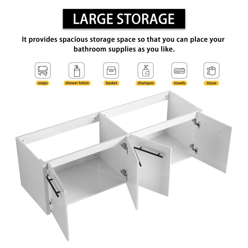Modern 60 Inch Wall-Mounted Bathroom Vanity Base with Soft-Close Doors, No Sink Included