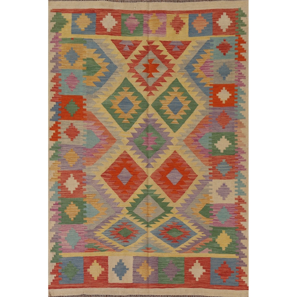 Hand Woven Oriental 100% Wool Carpet Southwestern Geometric Multi-Colored Kilim Area Rug - 6' 9'' X 4' 11''