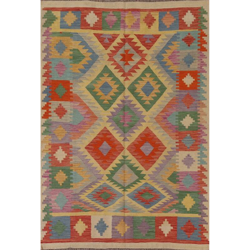 Hand Woven Oriental 100% Wool Carpet Southwestern Geometric Multi-Colored Kilim Area Rug - 6' 9'' X 4' 11''