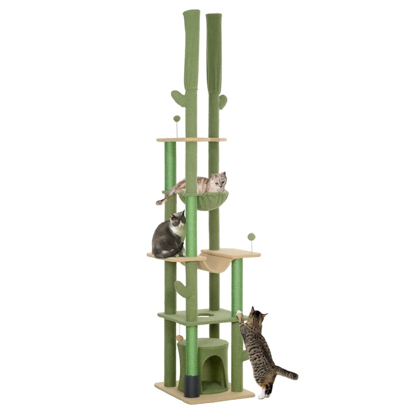 PawHut 89"-100" Floor to Ceiling Cat Tree w/ Grooming Brush Post, Green