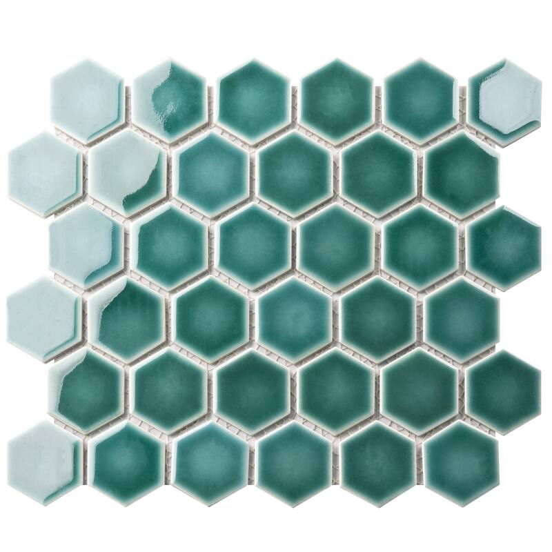 Merola Tile Hudson Due 2" Hex Emerald 10-7/8" x 12-5/8" Porcelain Mosaic Floor and Wall Tile
