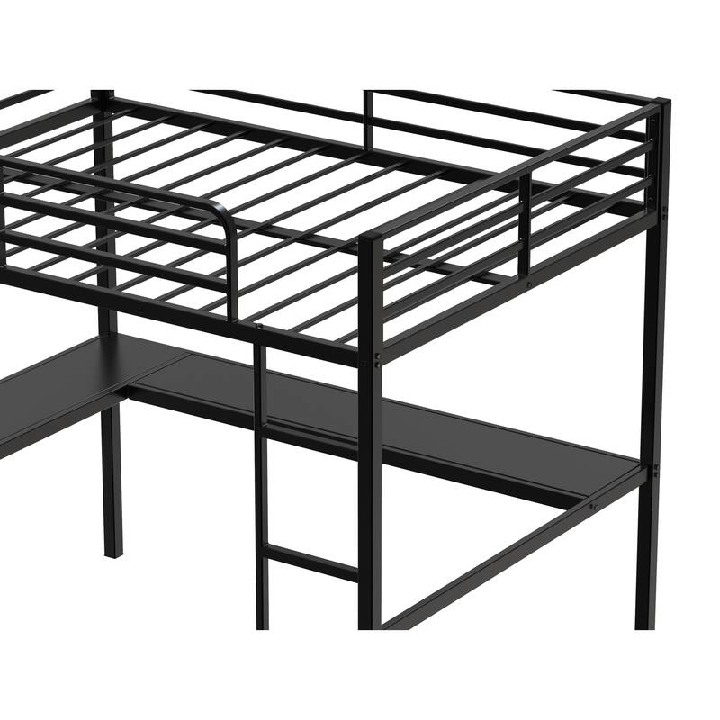 Full Size Loft Bed with L-Shaped Desk, Open Shelves, and Safety Guardrails, Heavy Duty Metal Frame, Black