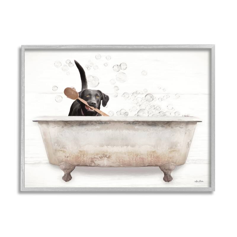 Stupell Happy Labrador in Rustic Bubble Bath Design Framed Wall Art - Multi-Color - 24 x 30 - Grey