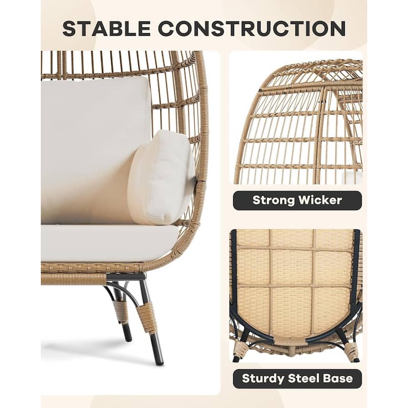 Oversize Wicker Egg Chair Outdoor with Steel Frame, Egg Basket Lounge Chair with 4 Cushions