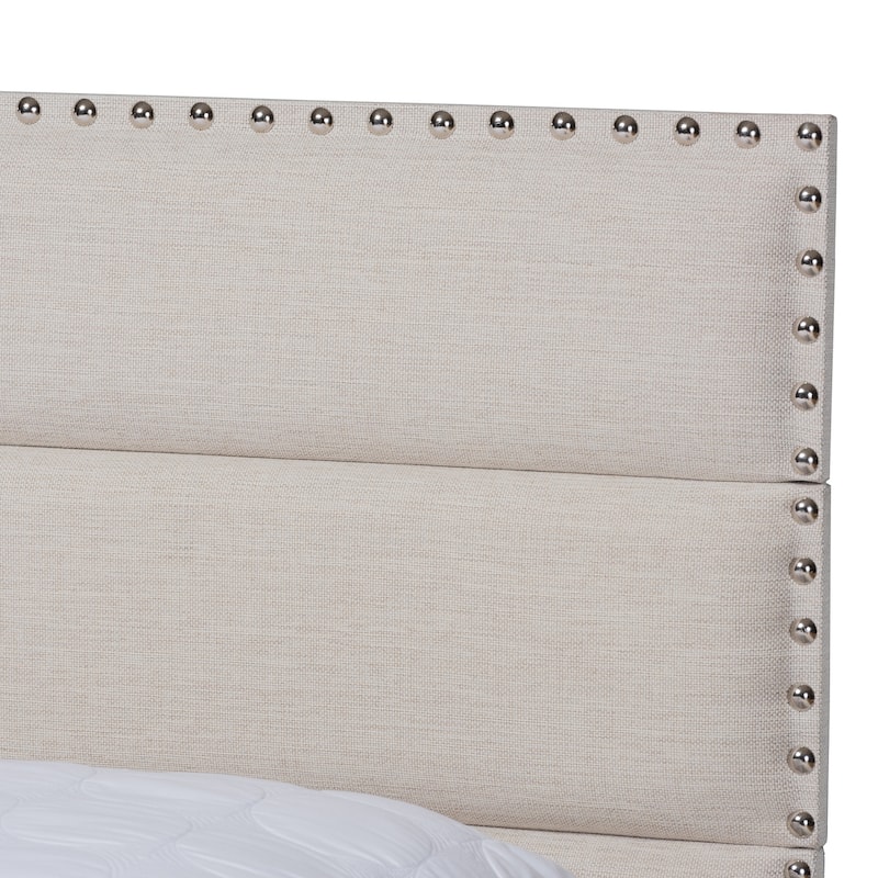 Full Size Bed Frame Upholstered Modern Beige Fabric Bed with Nailhead Trim & Sturdy Wood Frame