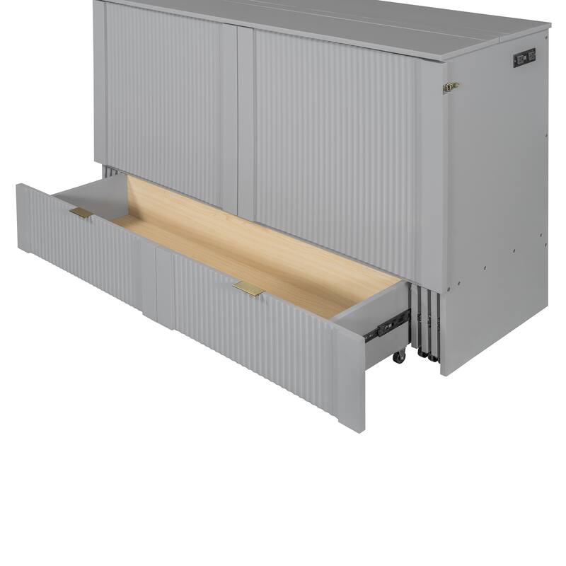 Queen Size Wall Bed with Drawer, USB Ports & Smooth Pulley Mechanism, Space-Saving Gray Cabinet Bed