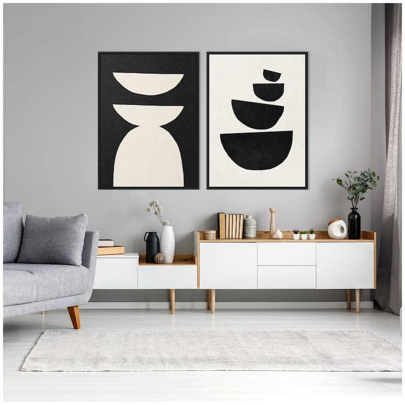Kate and Laurel Sylvie White Geometric Abstract and Black Geometric Abstract Framed Canvas Art Set by July Art Prints