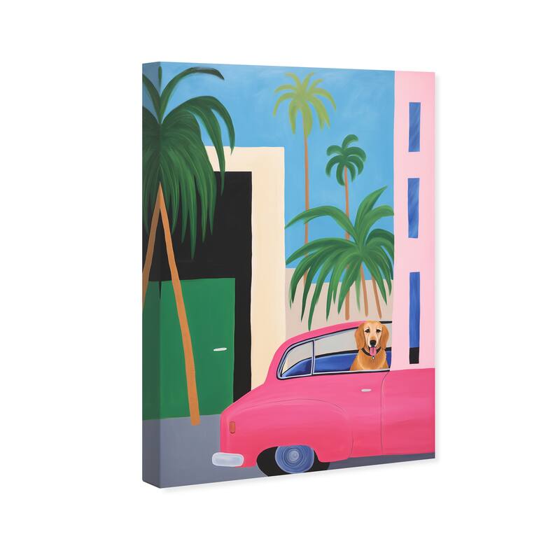 Wynwood Studio Canvas Animals Best Friend in the Car Pink and Nautical & Coastal Wall Art Canvas Print