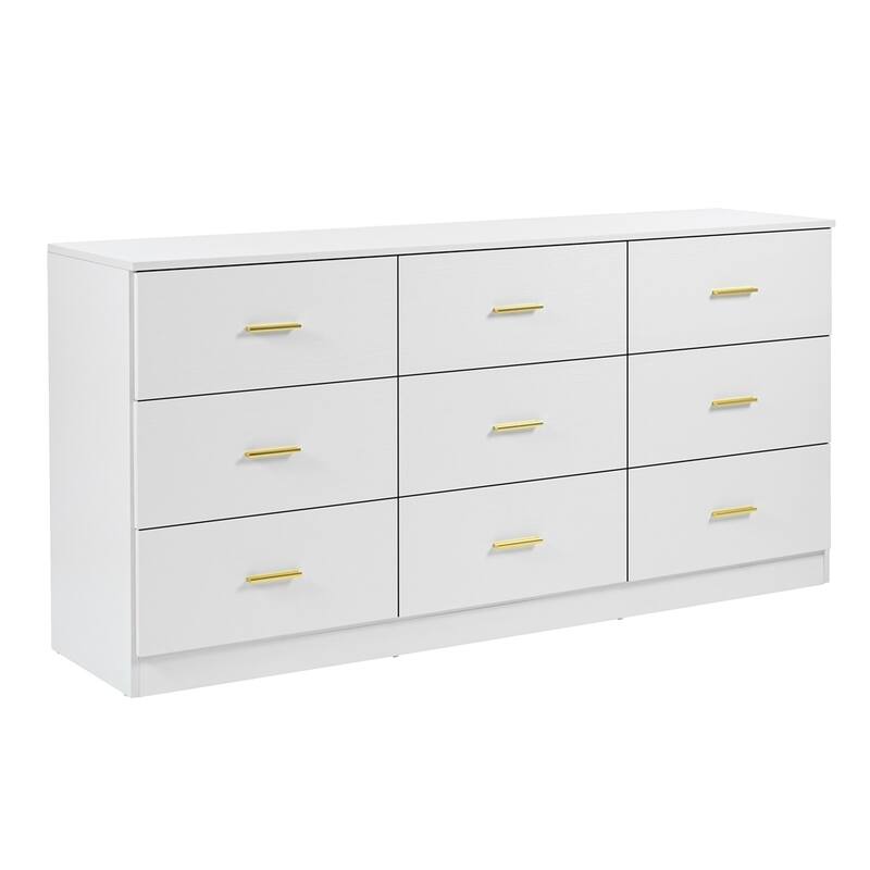 9-Drawer Cabinet Dresser, Modern Storage Cabinet with Golden Handles, Accent Cabinet Storage Wide Chest of Drawers