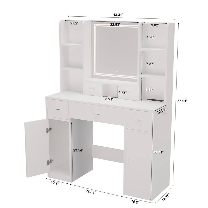 Makeup Vanity Desk with Touch LED Mirror, 5 Drawers, Hidden Shelves & Storage Cabinet for Bedroom