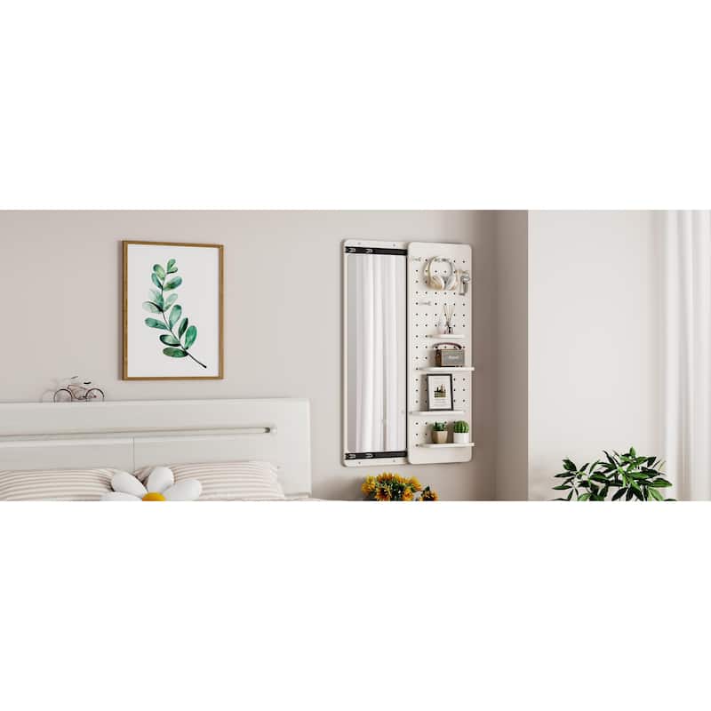 Wall Mounted Full Length Mirror with Shelf and Hook Wall Mounted Mirror with Multifunctional Design Panel(47.6*15.7in)