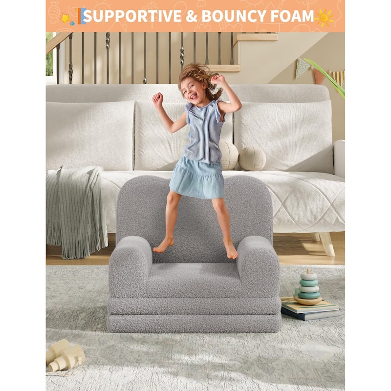 Kids Couch, 2-in-1 Convertible Teddy Fleece Fabric Toddler Sofa Chair