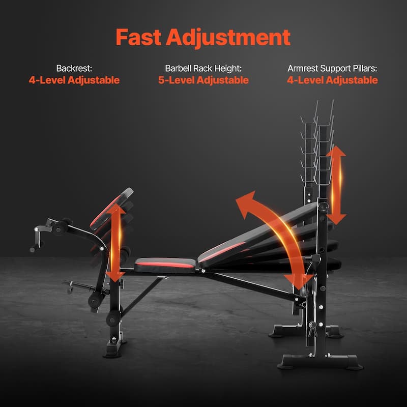 Black Red Steel Workout Bench with Rack, Foldable and Adjustable - 68.1” L x 53.9” W x 51.2” H