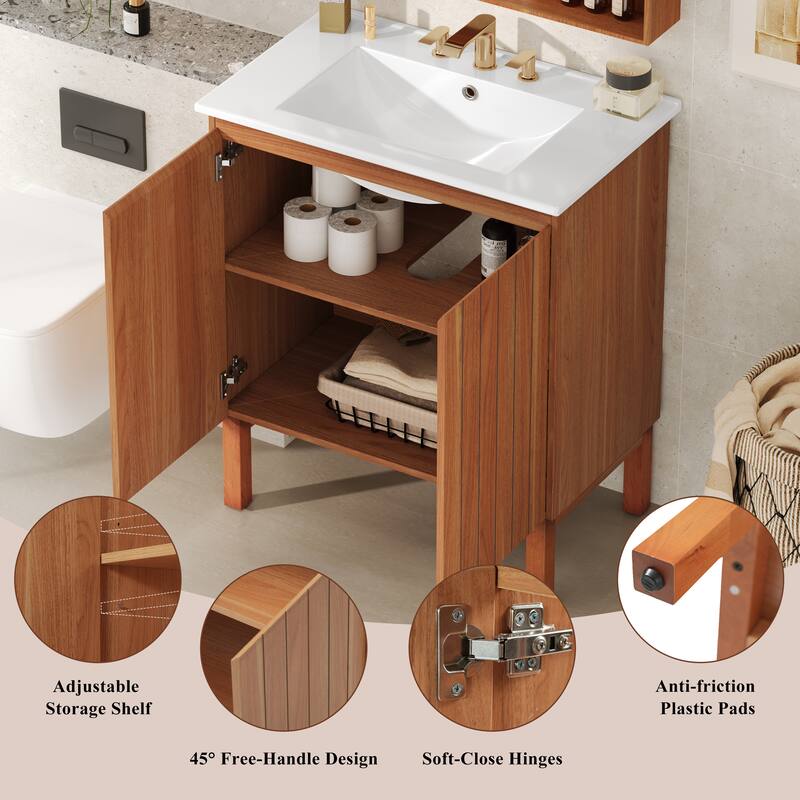 Roomfitters 30" Modern Bathroom Vanity with Ceramic Sink, Minimalist Cabinet with Vertical Stripe Design, Antique Natural
