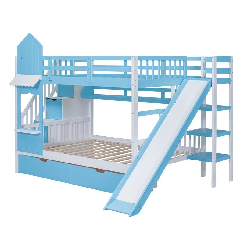 Full-Over-Full Castle Style Bunk Bed with 2 Drawers, 3 Shelves, and Slide - Blue