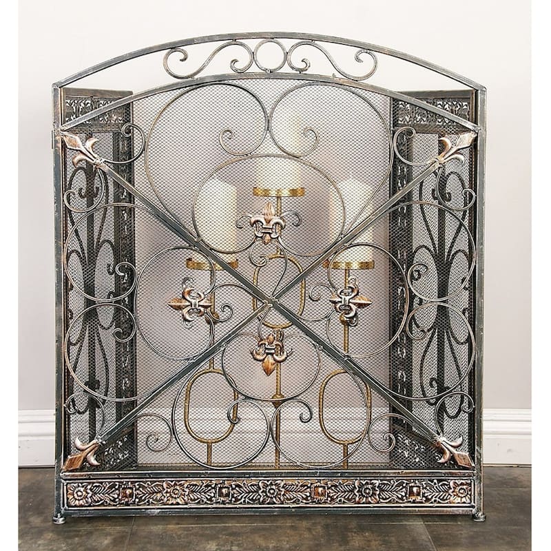 Traditional 3 Panel Metal Fire Screen With Filigree Design, Bronze, Black