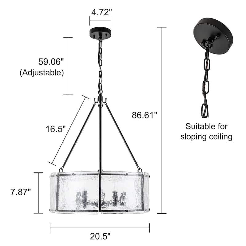 Modern 5-Light 20.5" Lantern Drum Chandelier Water Ripple Glass Pendant for Dining Room