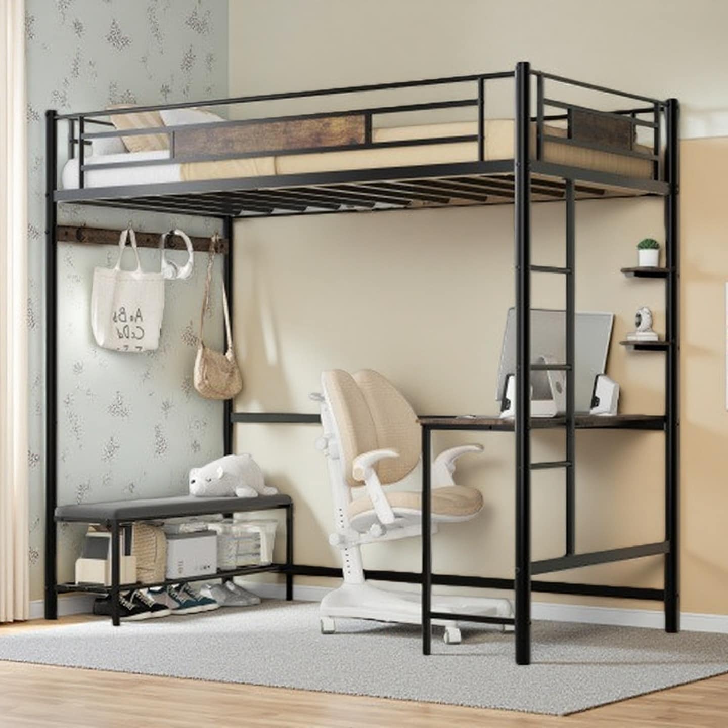 Twin Loft Bed with L-Shaped Desk, Coat Rack, Shoe Bench, Built-in USB & Power Outlets, Multiple Storage