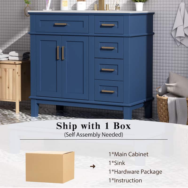 36 Inch Modern Bathroom Vanity with Ceramic Sink, Freestanding Cabinet with Soft Close Doors and 4 Drawers