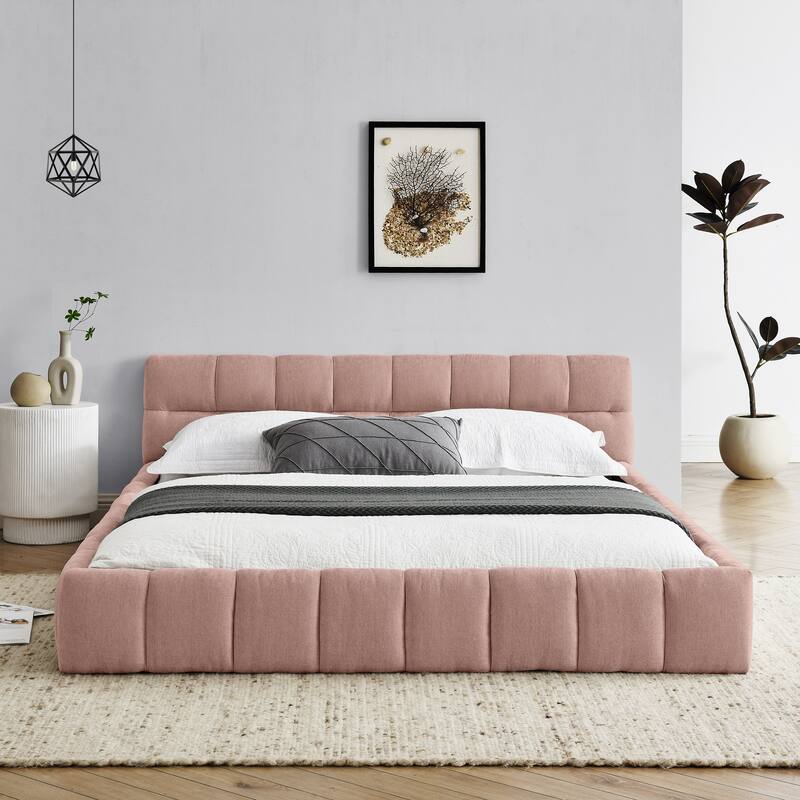 Queen Size Platform Bed Grounded Bed with Thick Chenille Fabric and Wood Slats Support for Bedroom Upholstered Bed Frame