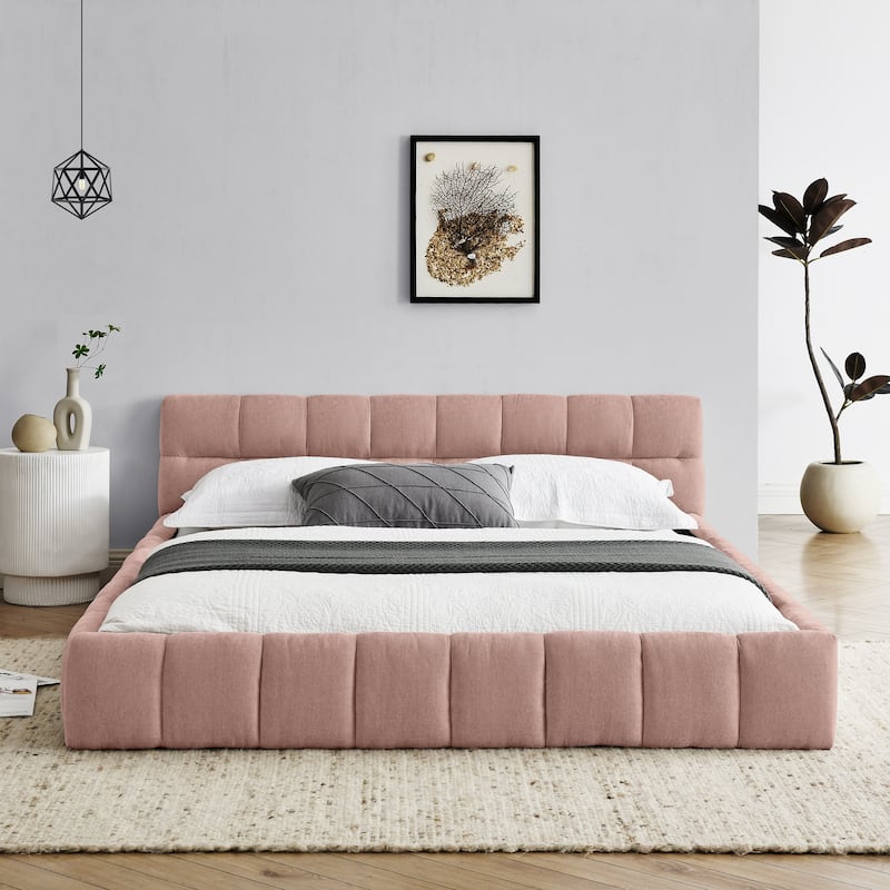 Queen Size Upholstered Platform Bed with Headboard, Pink Chenille Fabric, No Box Spring Needed