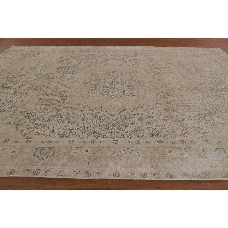 Hand Knotted Oriental 100% Wool Carpet Traditional Floral Beige & Ivories Tabriz Area Rug - 12' 9'' X 9' 10''