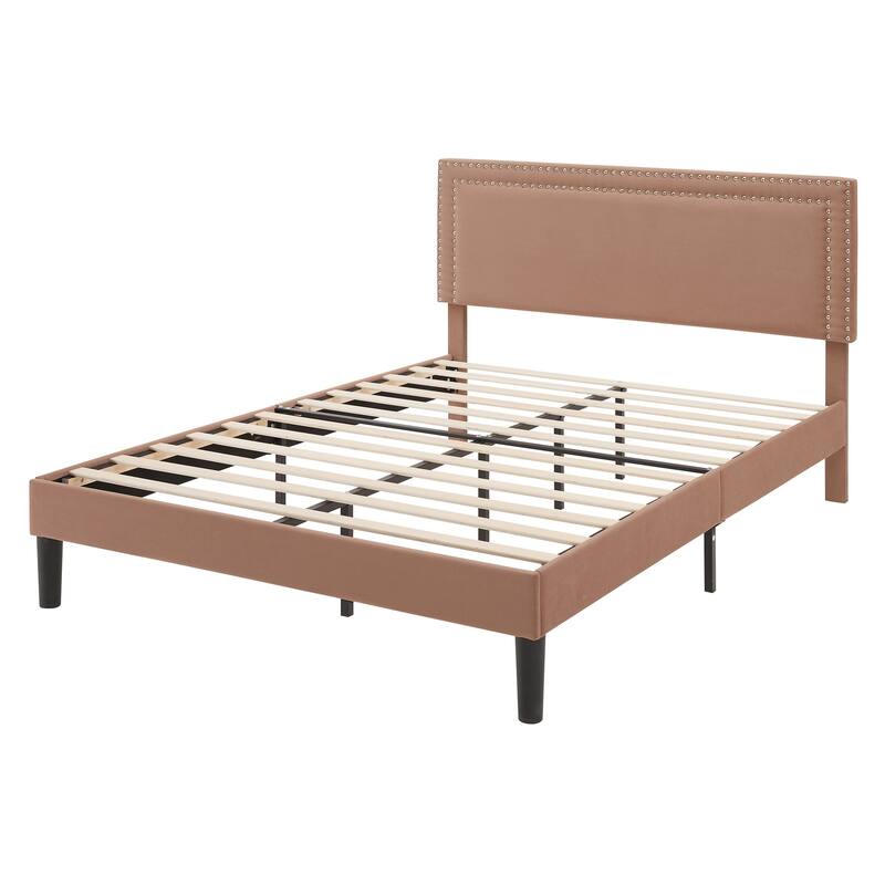 Upholstered Platform Bed Frame with Adjustable Headboard, Velvet Nailhead Trim, No Box Spring Needed