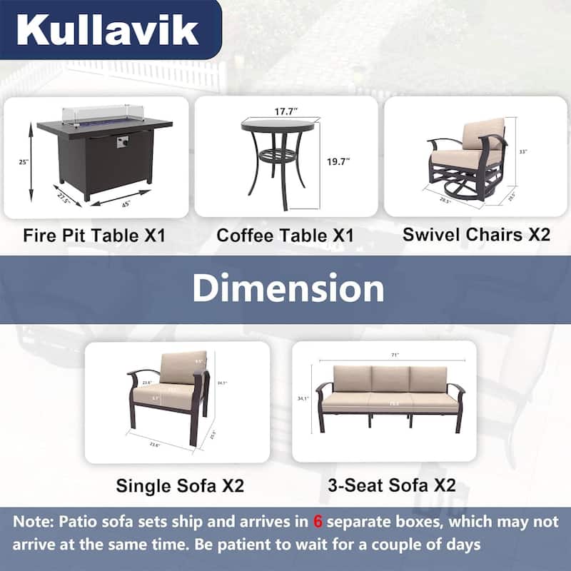 Kullavik Aluminum Outdoor Patio Furniture with Curved Armrests & Firepit Table