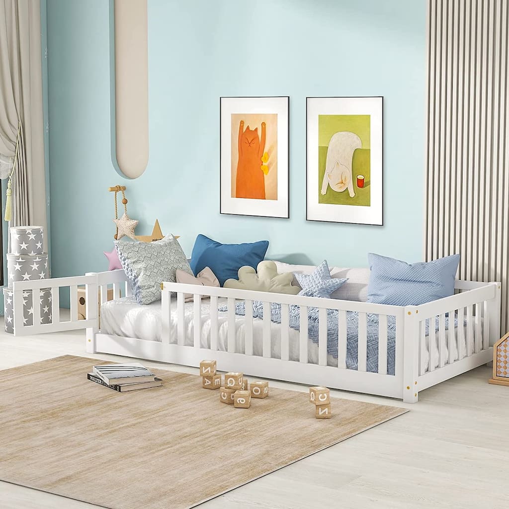 Twin/Full/Queen Size Floor Bed with Safety Guardrails, Toddler Floor Bed for Girls and Boys