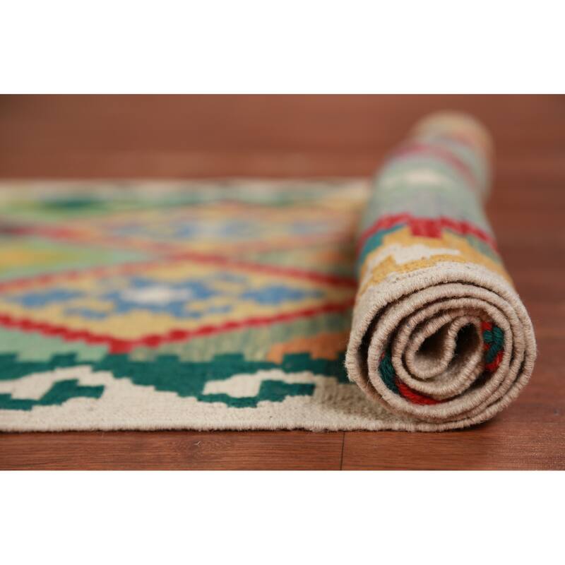 Geometric Kilim Oriental Runner Rug Hand-Woven Wool Carpet - 2'7" x 16'2"