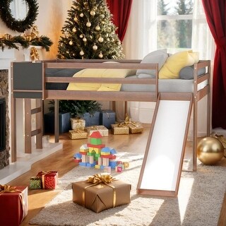 Full size Loft Bed Wood Bed with Slide, Stair and Chalkboard, Walnut