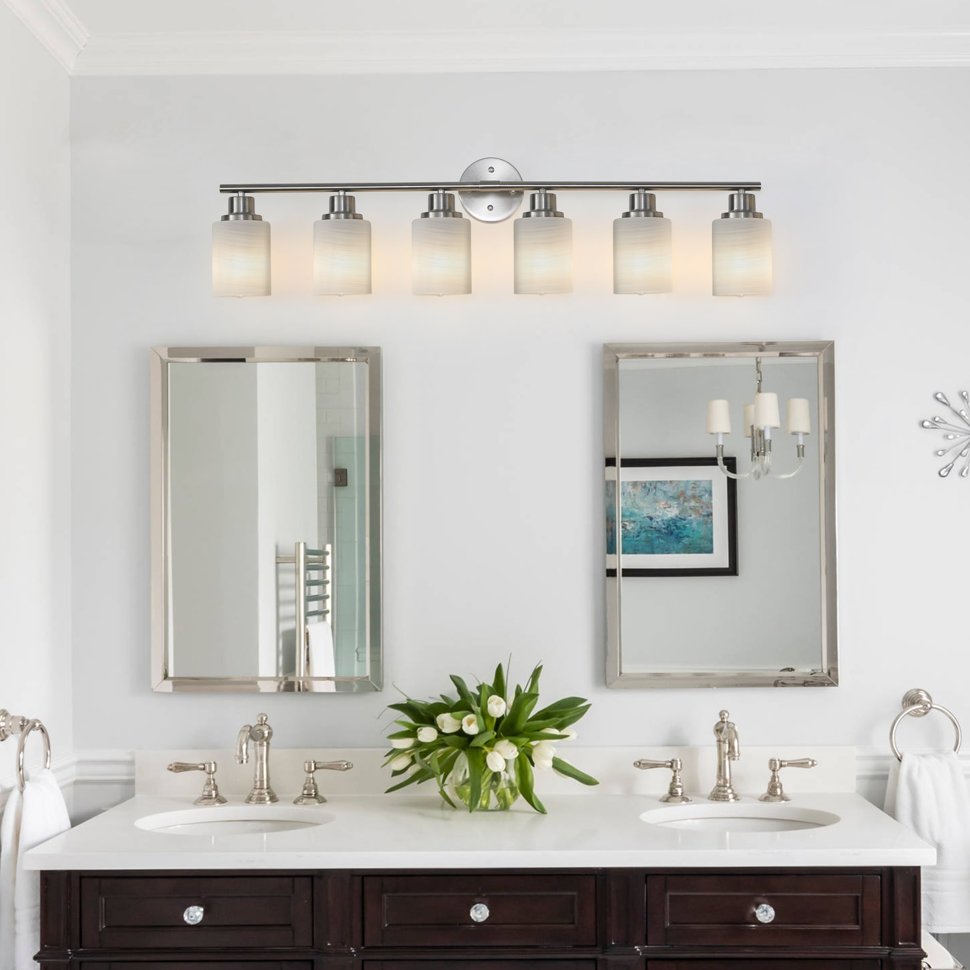 Modern 6-Light Vanity Light Fixture Brushed Nickel and Frosted Glass Design  Minimalist Bathroom Lighting (No Bulbs Included), image size:2000x2000