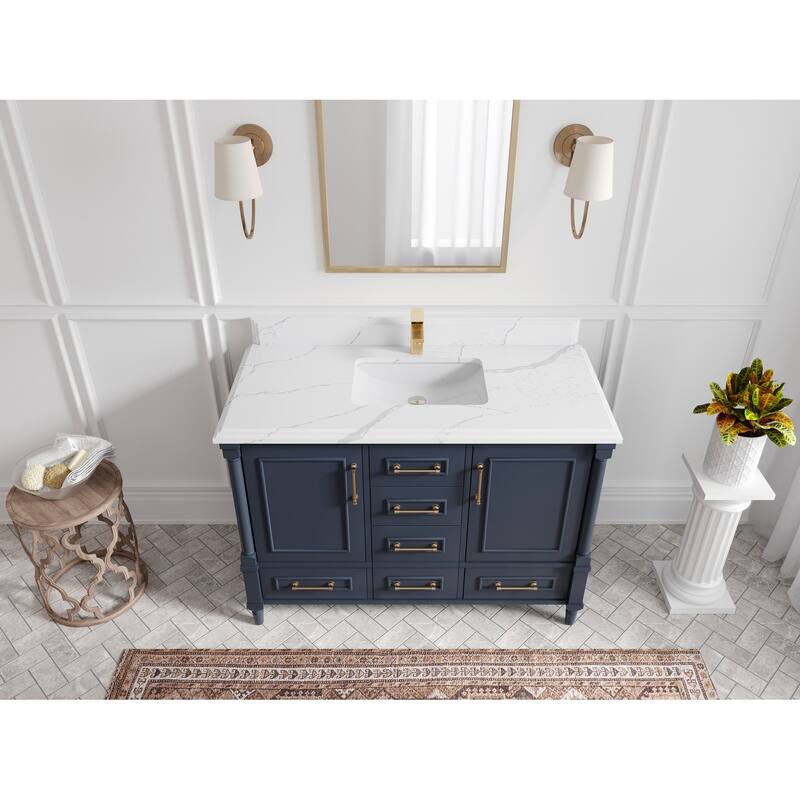 Willow Collections 48 in. W x 22 in. D Aberdeen Single Bowl Sink Bathroom Vanity with Countertop - 1.5" Calacatta Laza - Hale Navy Blue