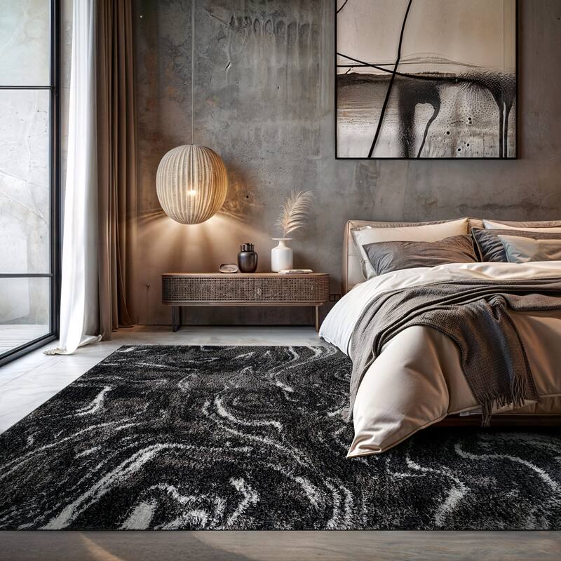 Abstract Marble Shag Rug - Anthracite Dark Gray - Plush Medium Pile, Durable with Jute Backing