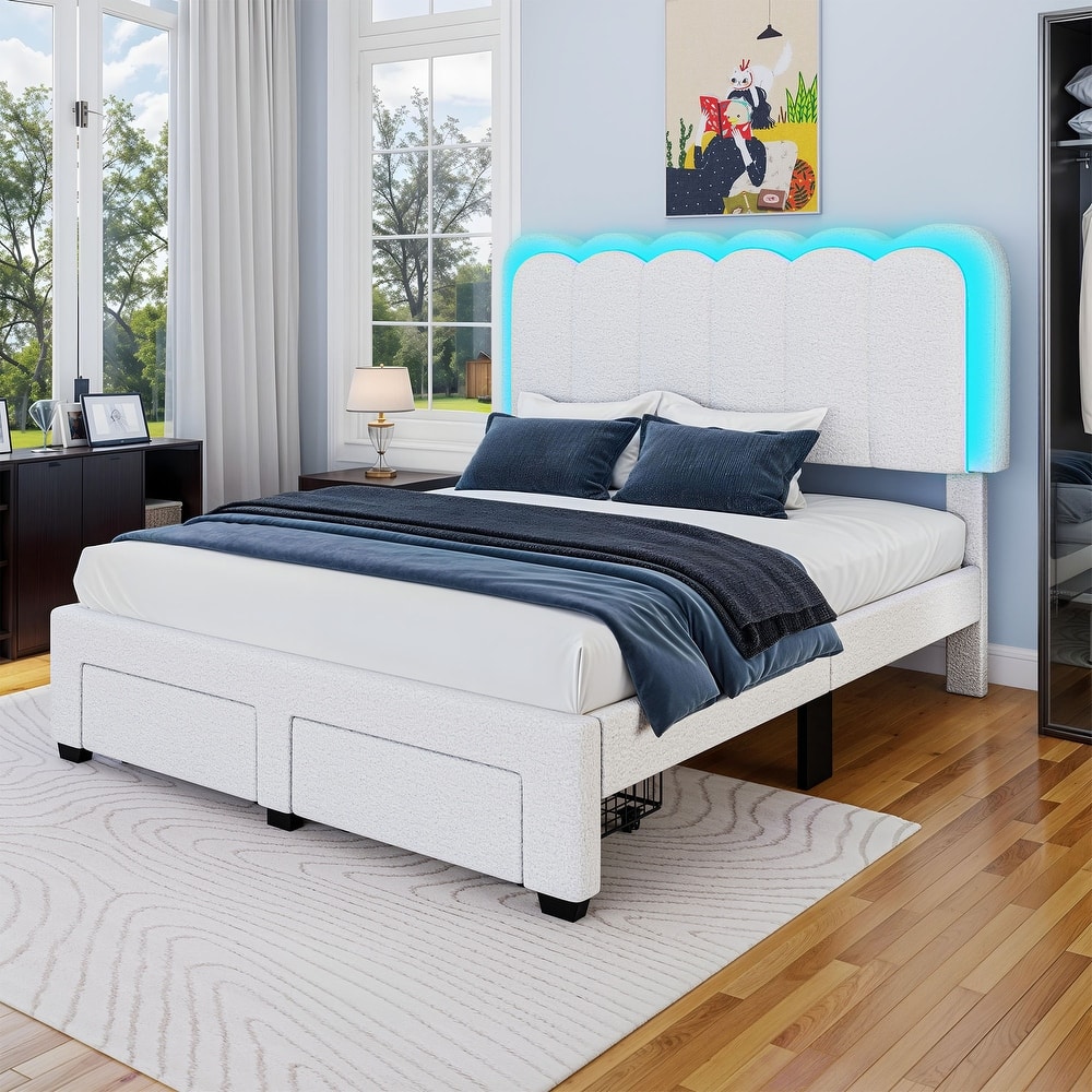Adjustable Headboard Lamb Wool Bed Frame with Drawer and Charging Station & LED Lights